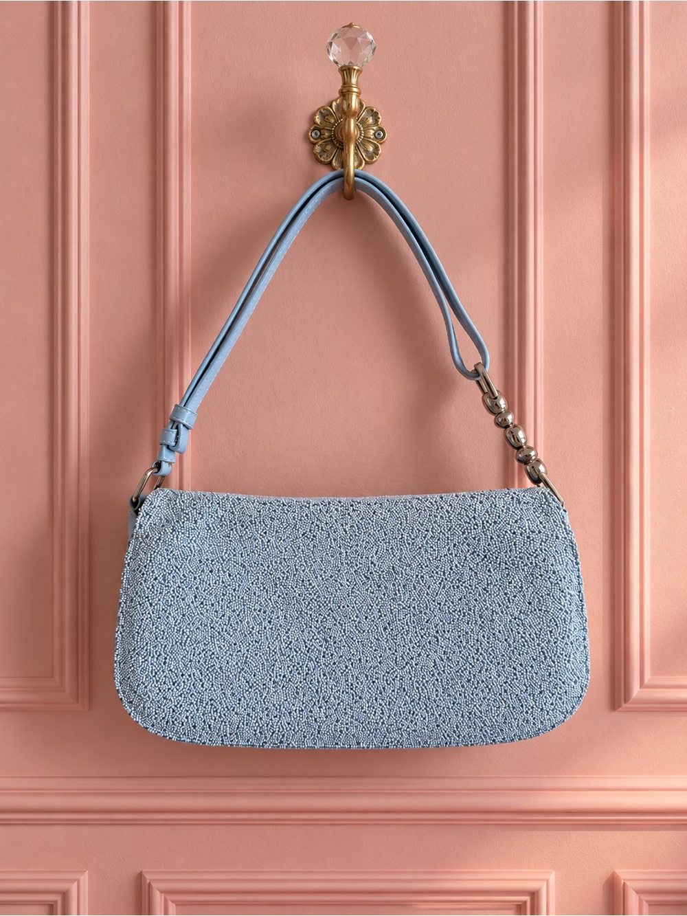 Vintage Due Fratelli Light Blue Leather Beaded Shoulder Bag